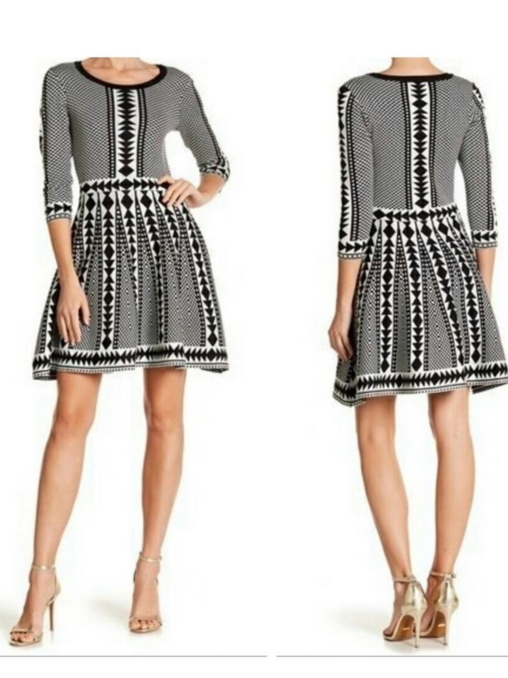Nina Leonard Black & White Geo Fit-and-Flare Skirt Dress